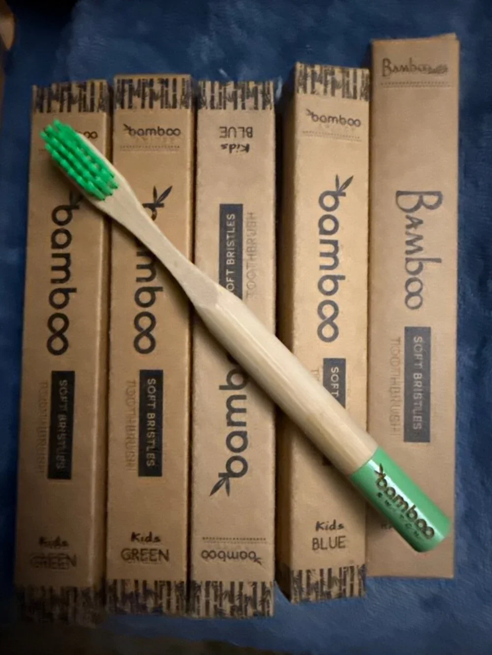 Bamboo Kids Soft Bristle Toothbrushes Eco-Friendly Rainbow Green & Blue Colors 1